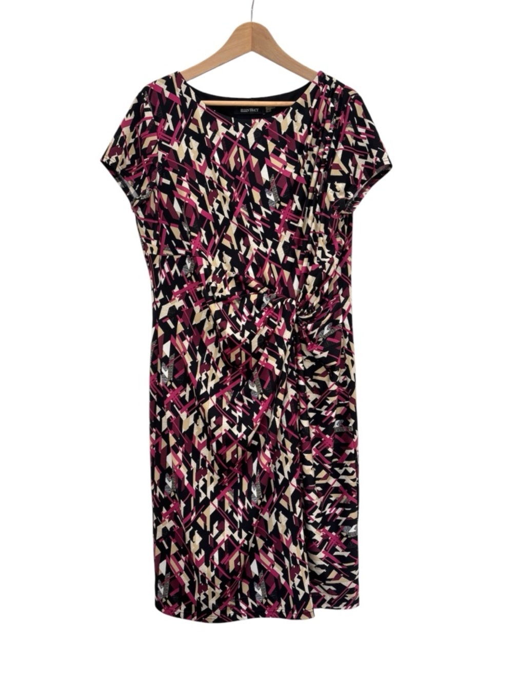 Ellen Tracy Geometric Print Twist Front Sheath Dress Size 16 Pink Black Cream